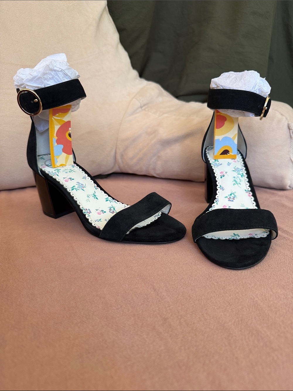 Black suede, heeled, ankle strap sandal